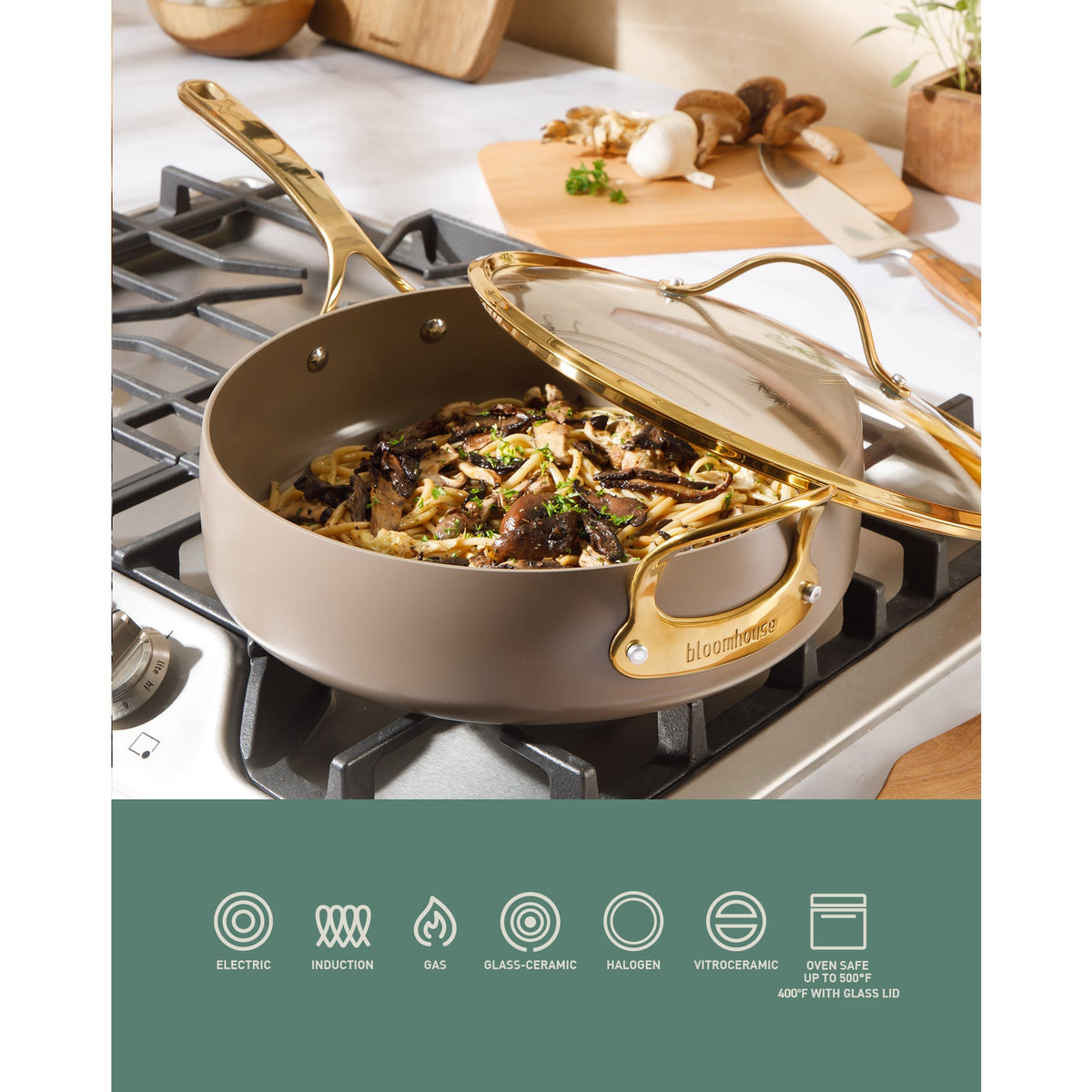 6 Quart Sauté Pan with Lid - PFAS-Free Ceramic Nonstick Aluminum with Gold Handles, Cappuccino Cream