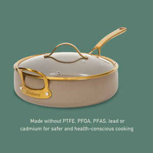 6 Quart Sauté Pan with Lid - PFAS-Free Ceramic Nonstick Aluminum with Gold Handles, Cappuccino Cream