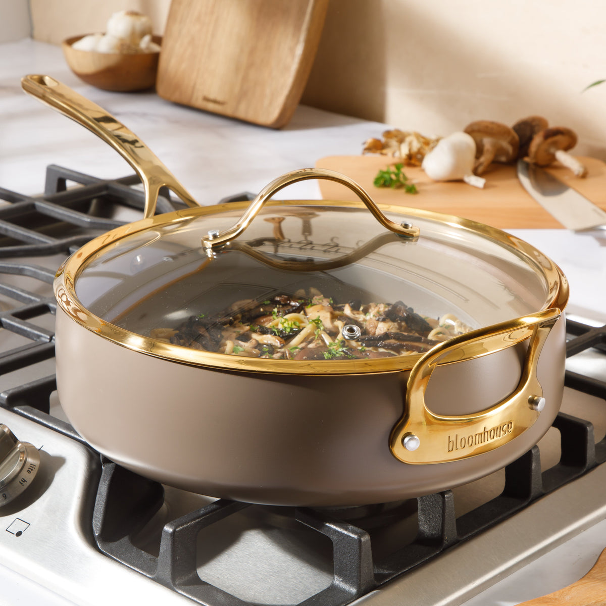 6 Quart Sauté Pan with Lid - PFAS-Free Ceramic Nonstick Aluminum with Gold Handles, Cappuccino Cream