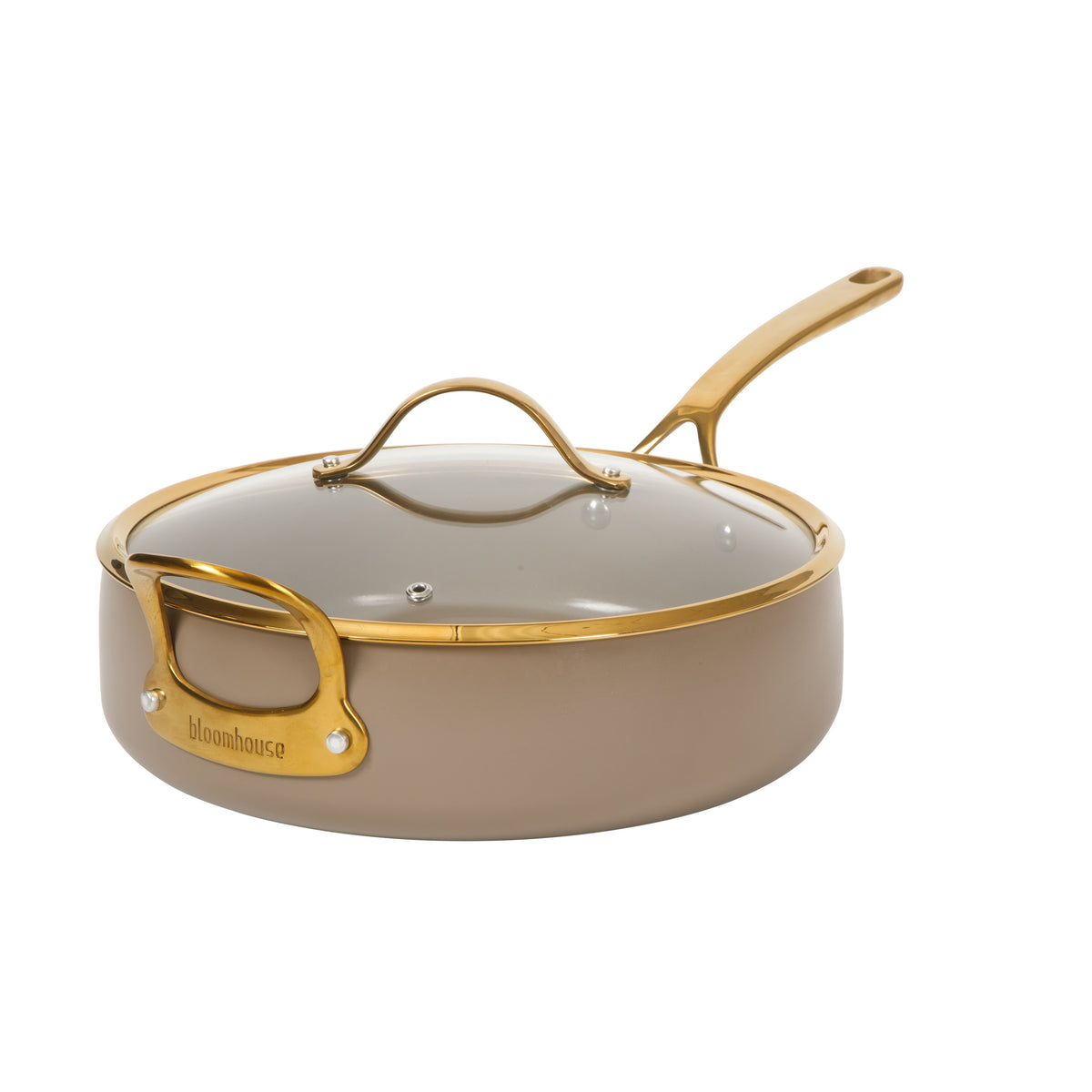 6 Quart Sauté Pan with Lid - PFAS-Free Ceramic Nonstick Aluminum with Gold Handles, Cappuccino Cream