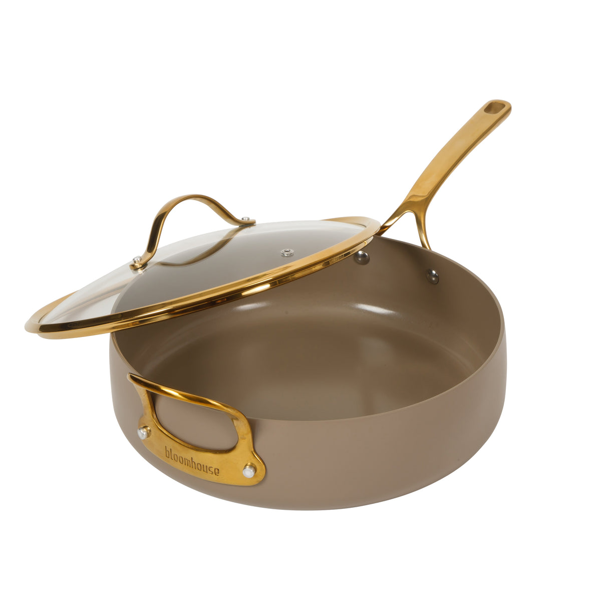 6 Quart Sauté Pan with Lid - PFAS-Free Ceramic Nonstick Aluminum with Gold Handles, Cappuccino Cream
