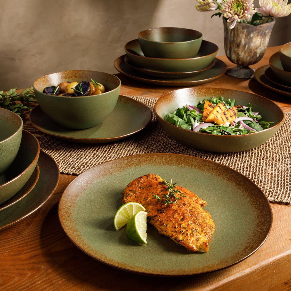 Palermo Sun - 16-Piece Dinnerware Set for 4 - Reactive Glaze Stoneware, Cardamom