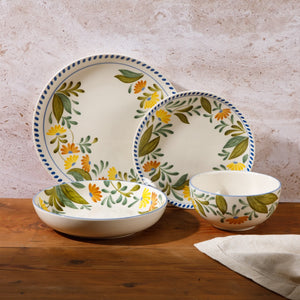 Bloomhouse Posy Blossom 16 Piece Double Bowl Hand Painted Stoneware Plates and Bowls Floral Dinnerware Set
