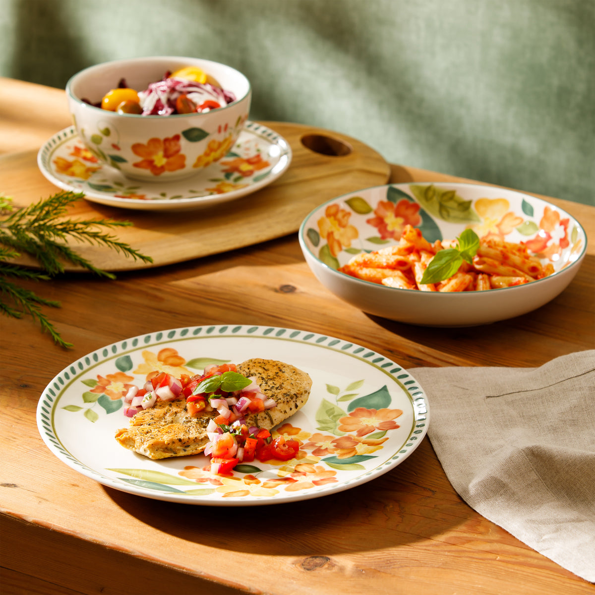 Bloomhouse Cassia Bud 16 Piece Double Bowl Hand Painted Stoneware Plates and Bowls Floral Dinnerware Set