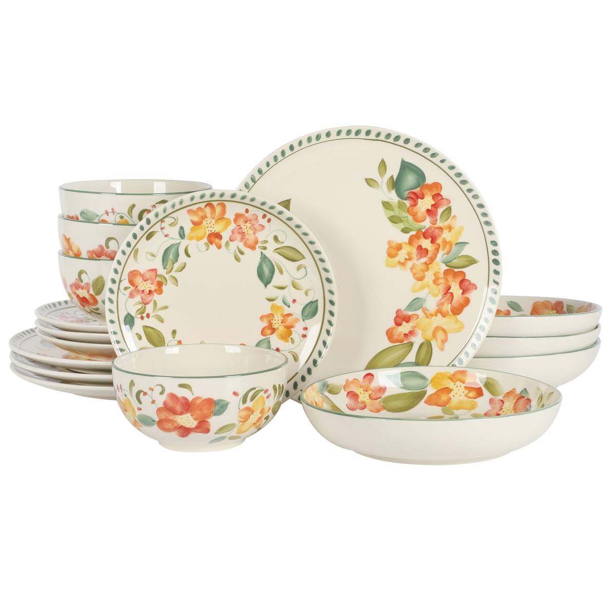 Bloomhouse Cassia Bud 16 Piece Double Bowl Hand Painted Stoneware Plates and Bowls Floral Dinnerware Set