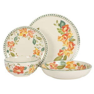 Bloomhouse Cassia Bud 16 Piece Double Bowl Hand Painted Stoneware Plates and Bowls Floral Dinnerware Set