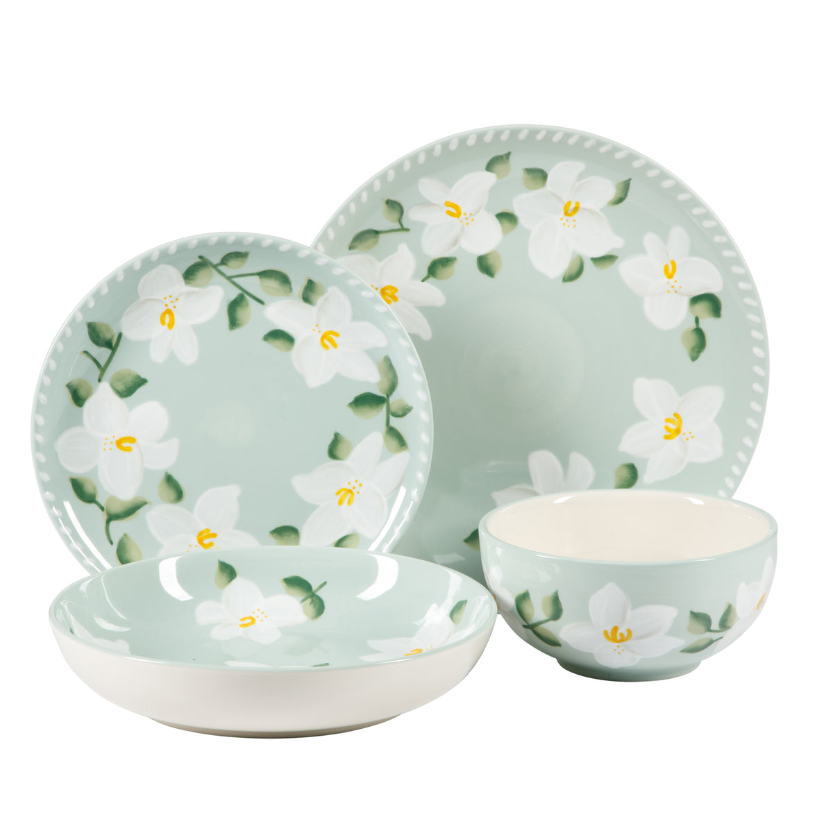 Bloomhouse Magnolia Bloom 16-Piece Double Bowl Hand Painted Stoneware Plates and Bowls Floral Dinnerware Set