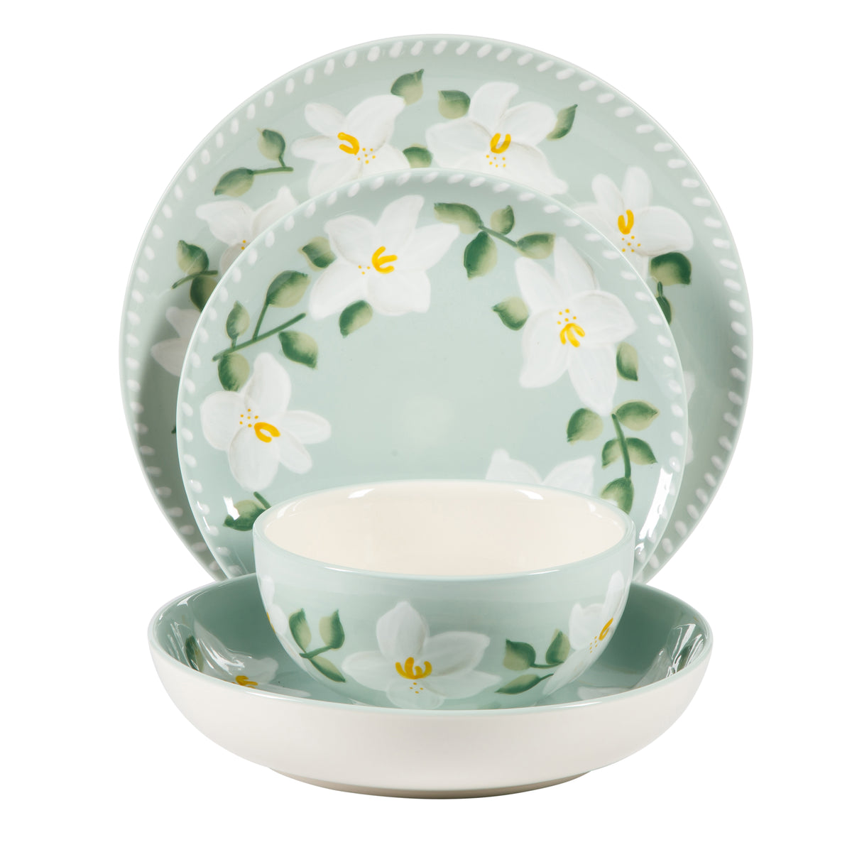 Bloomhouse Magnolia Bloom 16-Piece Double Bowl Hand Painted Stoneware Plates and Bowls Floral Dinnerware Set