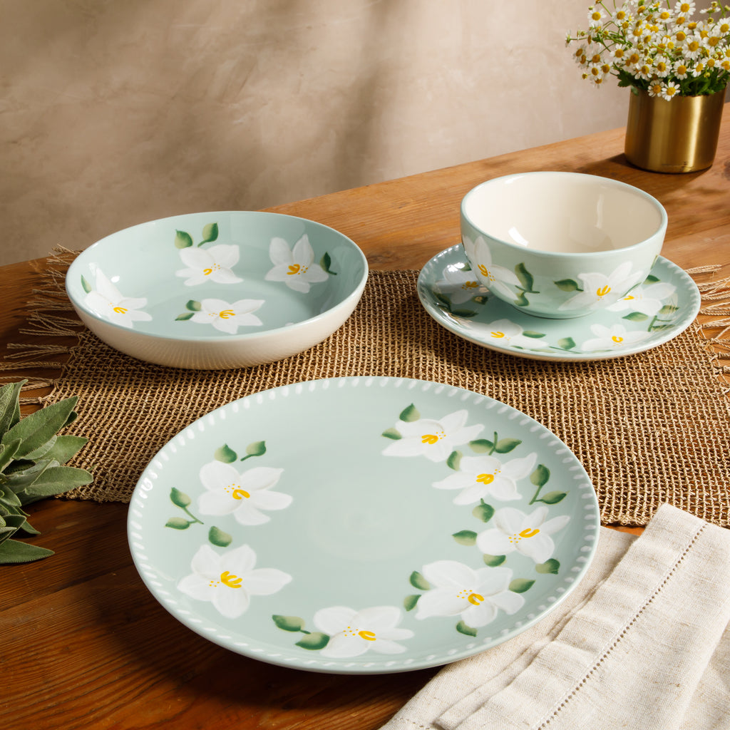Bloomhouse Magnolia Bloom 16-Piece Double Bowl Hand Painted