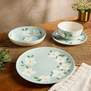 Bloomhouse Magnolia Bloom 16-Piece Double Bowl Hand Painted Stoneware Plates and Bowls Floral Dinnerware Set