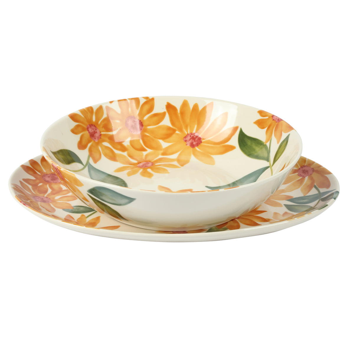 Bloomhouse Sunnyflower 2-Piece Hand-Painted Stoneware Platter and Bowl Serveware Set
