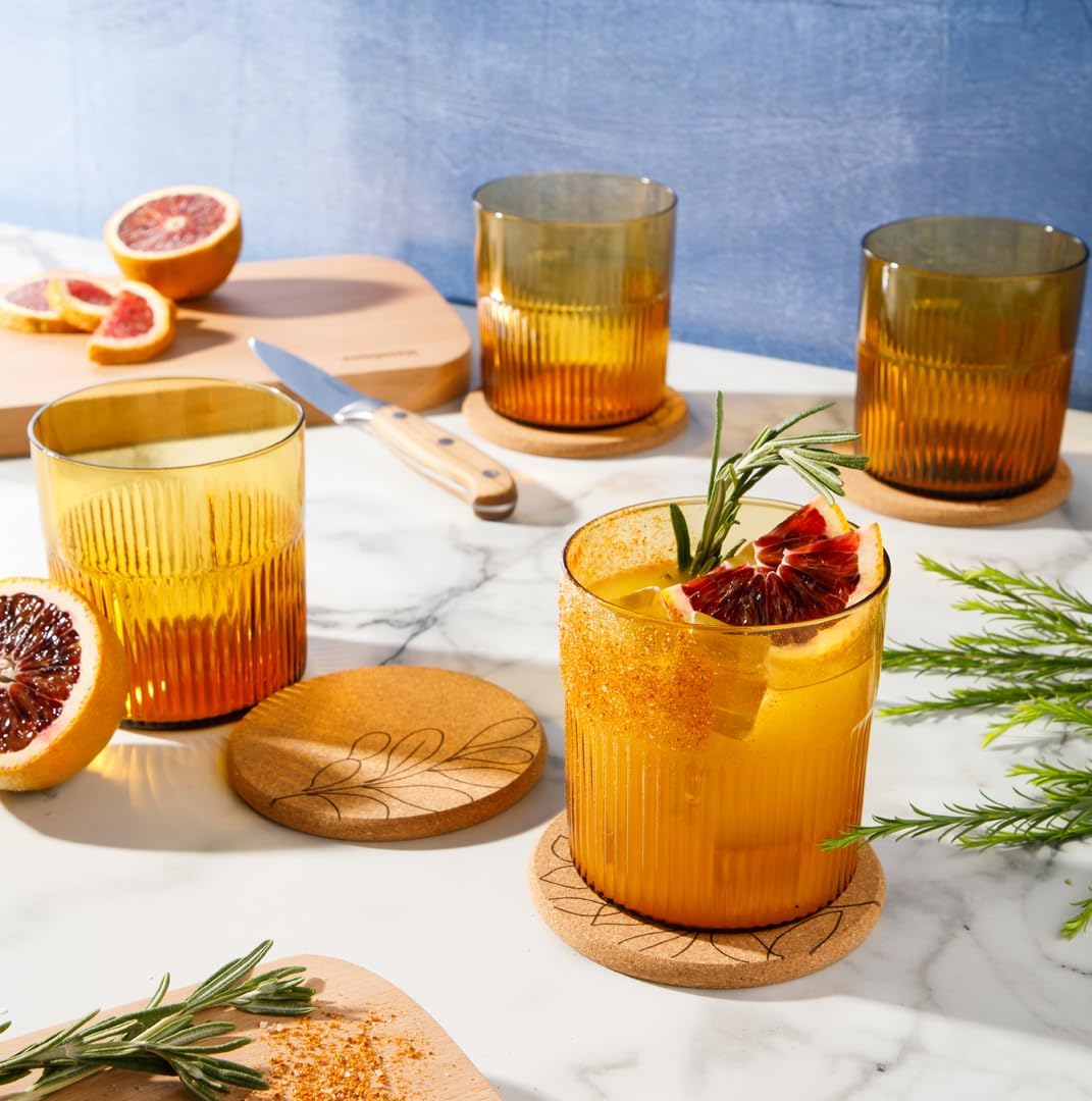 Bloomhouse Lyon Sky 8 Piece Hand Made 16 oz Colored Glass Double Old Fashioned Set w/ Coasters - Tumeric Yellow