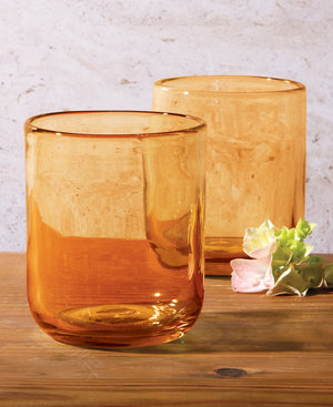 Bloomhouse Sayulita Spring 8 Piece Hand Made 16 oz Amber Colored Glass Double Old Fashioned Set W/ Coasters