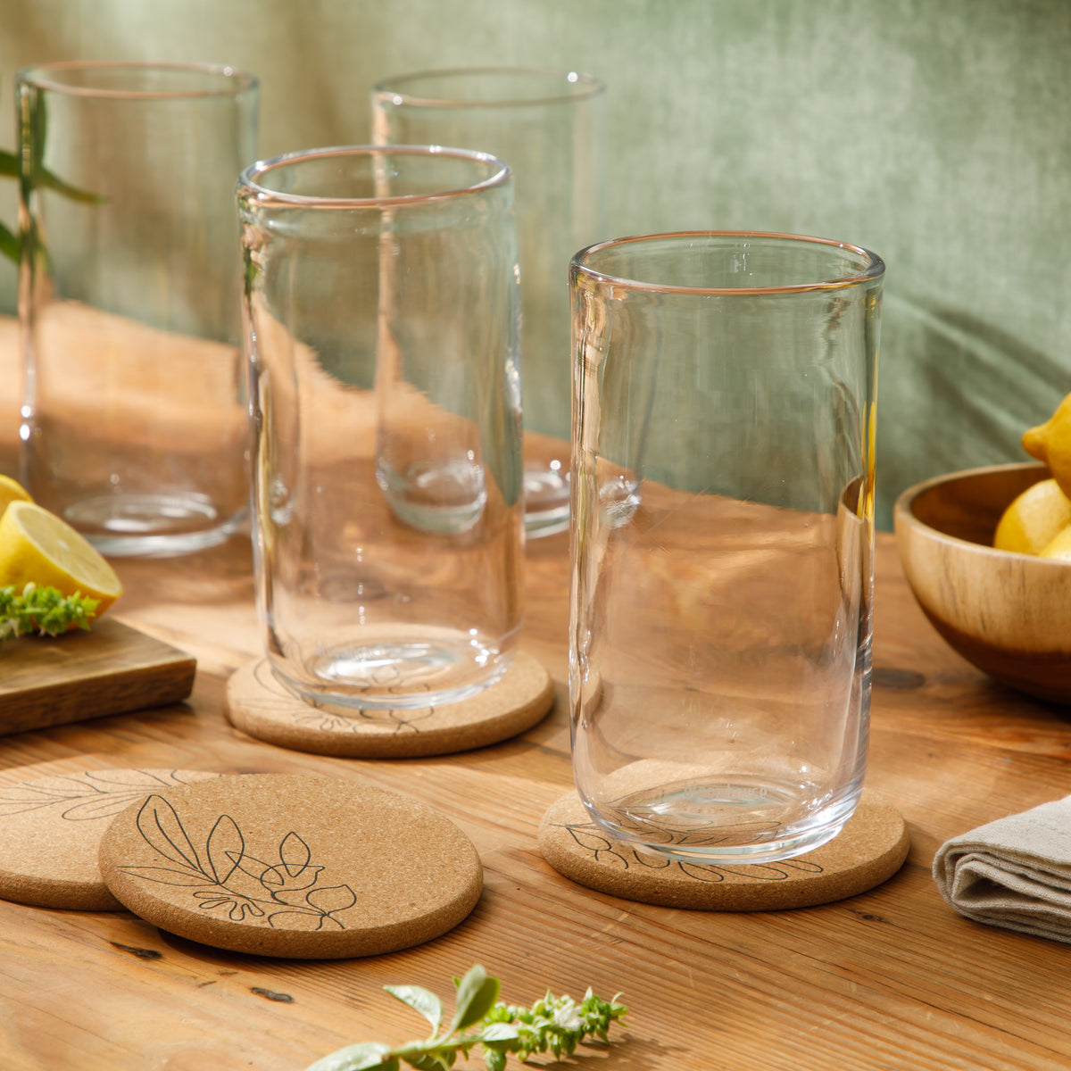 Bloomhouse Sayulita Spring 8 Piece Hand Made 21 OZ Jadeite Clear Glass Tumbler Set W/ Coasters