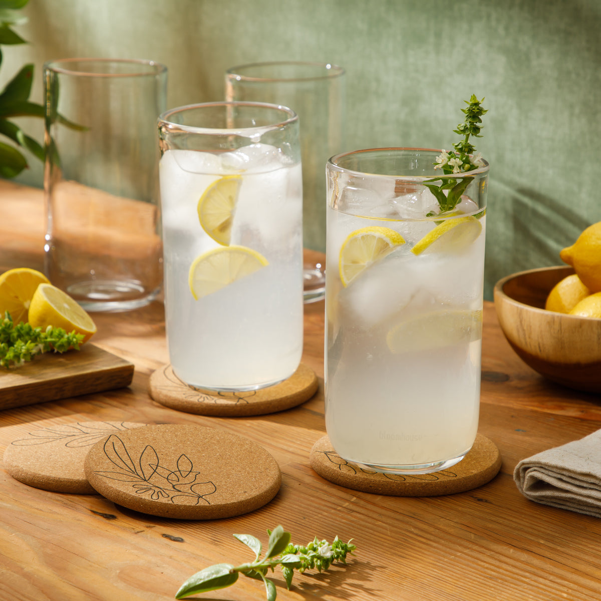 Bloomhouse Sayulita Spring 8 Piece Hand Made 21 OZ Jadeite Clear Glass Tumbler Set W/ Coasters