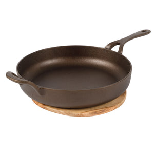 Bloomhouse Natural Bronze Finish 12-Inch Cast Iron Skillet with Long Handle, Helper Handle & Olive Wood Trivet – Fry Pan, Oven & Stovetop Safe