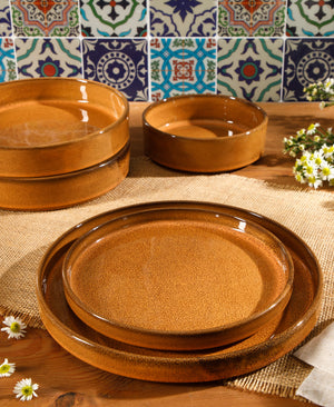 Santorini Mist - 16-Piece Dinnerware Set for 4 - Reactive Glaze Terracotta, Amber