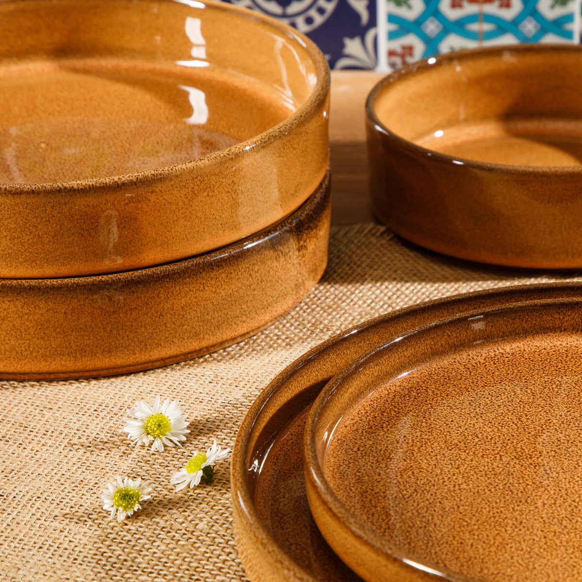 Santorini Mist - 16-Piece Dinnerware Set for 4 - Reactive Glaze Terracotta, Amber