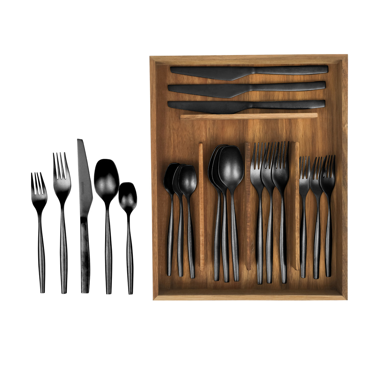 Bloomhouse 20 Piece Stone Washed Flatware 18/10 Stainless Steel Silverware Cutlery Utensil Set With Acacia Wood Caddy