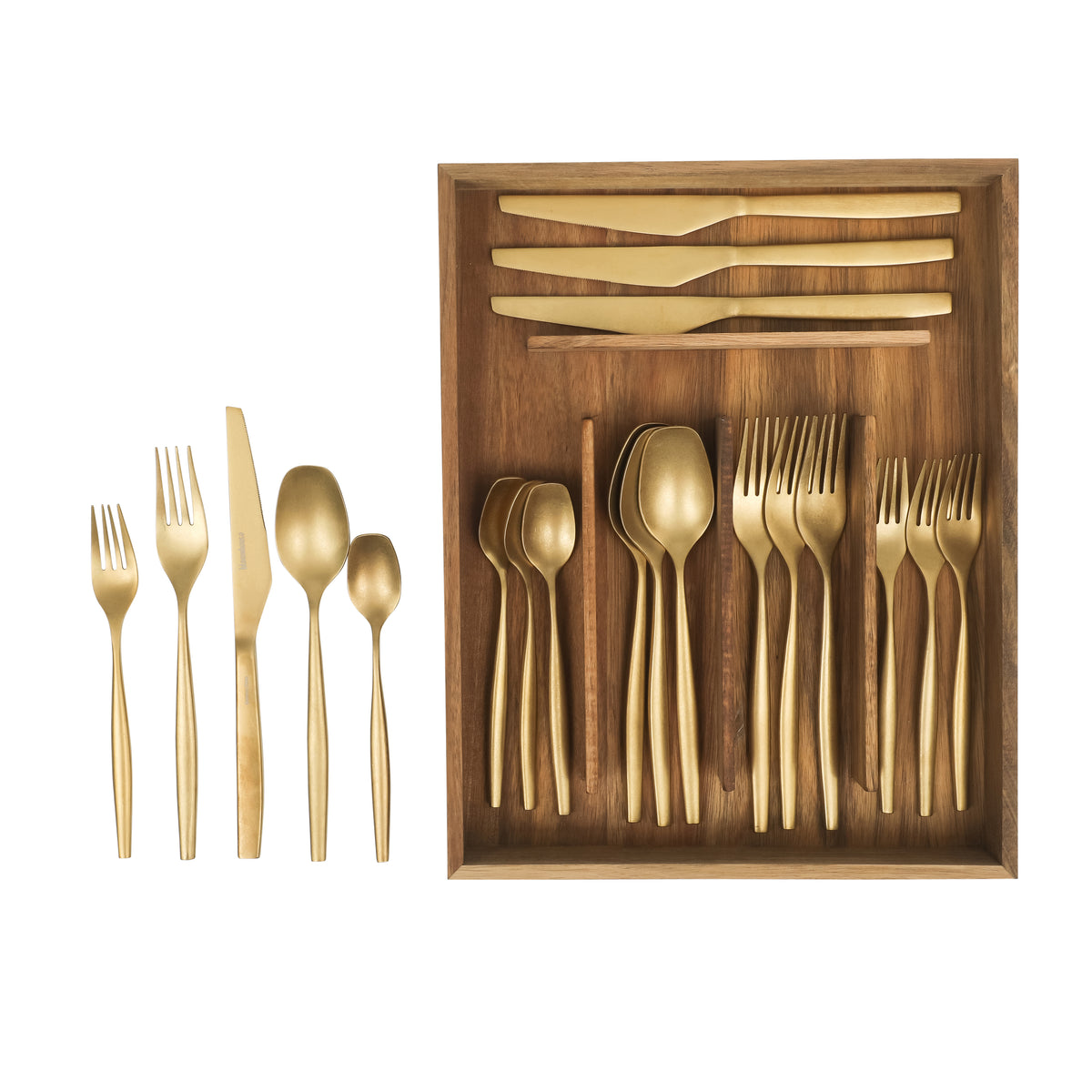 Bloomhouse 20 Piece Stone Washed Flatware 18/10 Stainless Steel Silverware Cutlery Utensil Set With Acacia Wood Caddy