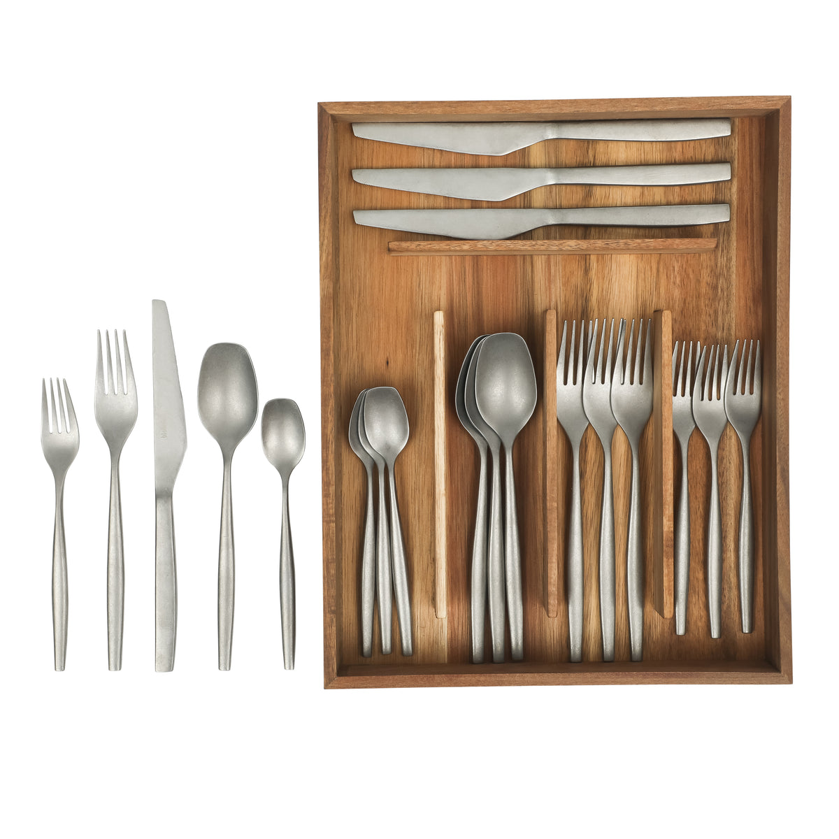 Bloomhouse 20 Piece Stone Washed Flatware 18/10 Stainless Steel Silverware Cutlery Utensil Set With Acacia Wood Caddy