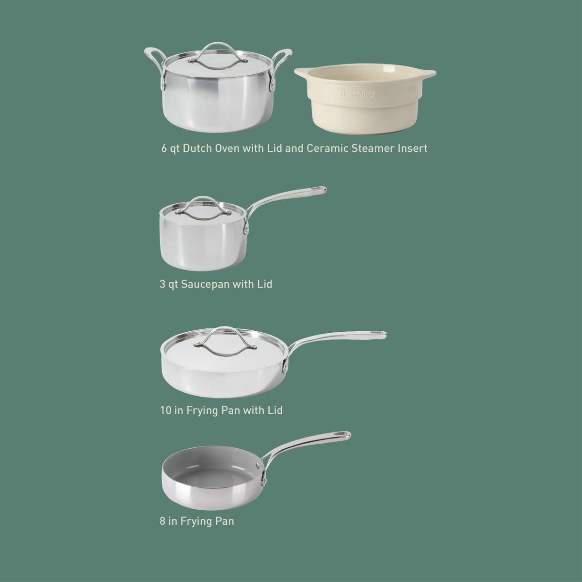 Bloomhouse 8 Piece Triply Stainless Steel Pots and Pans Cookware Set W/ Non Toxic Pro Ceramic Non Stick Interior