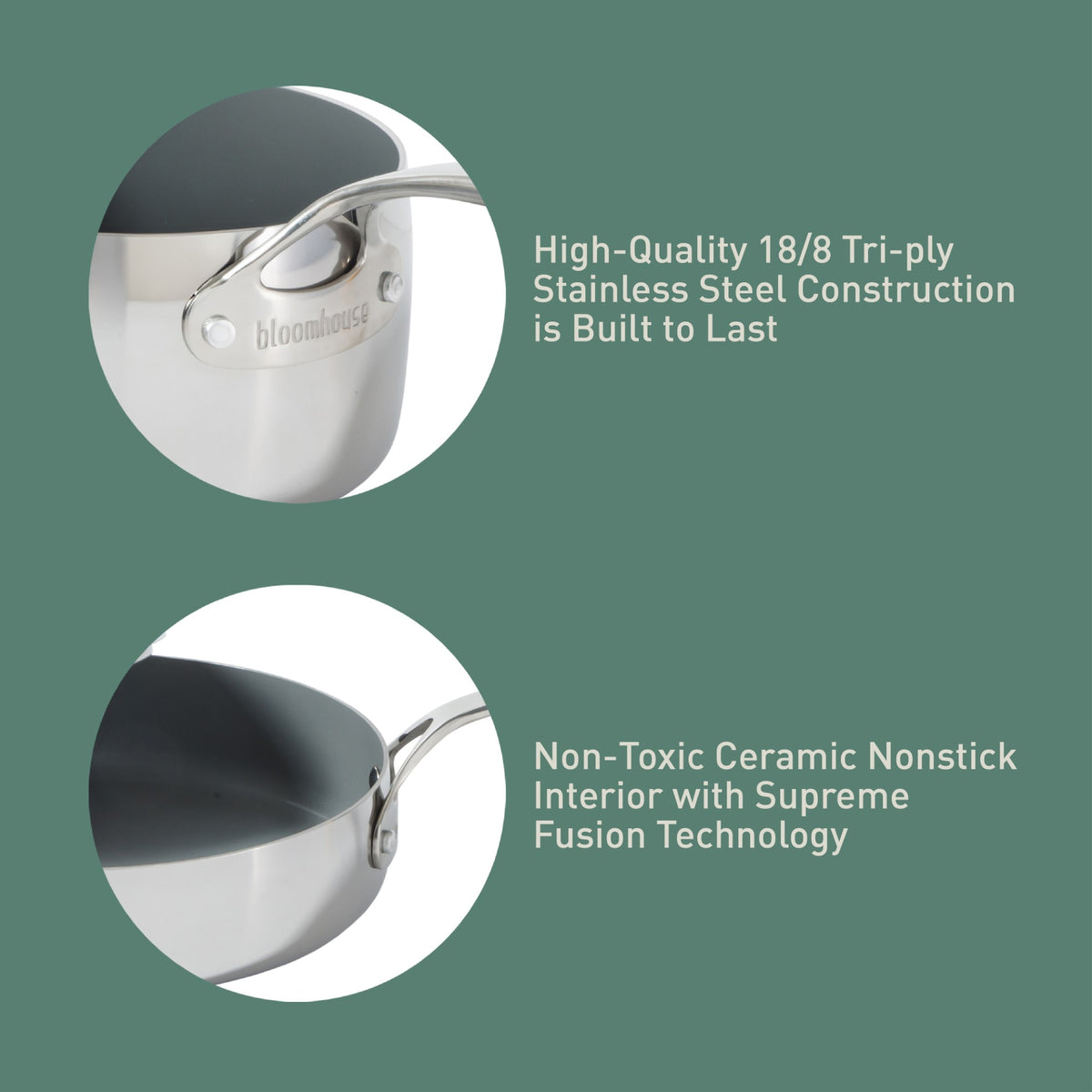 Bloomhouse 8 Piece Triply Stainless Steel Pots and Pans Cookware Set W/ Non Toxic Pro Ceramic Non Stick Interior