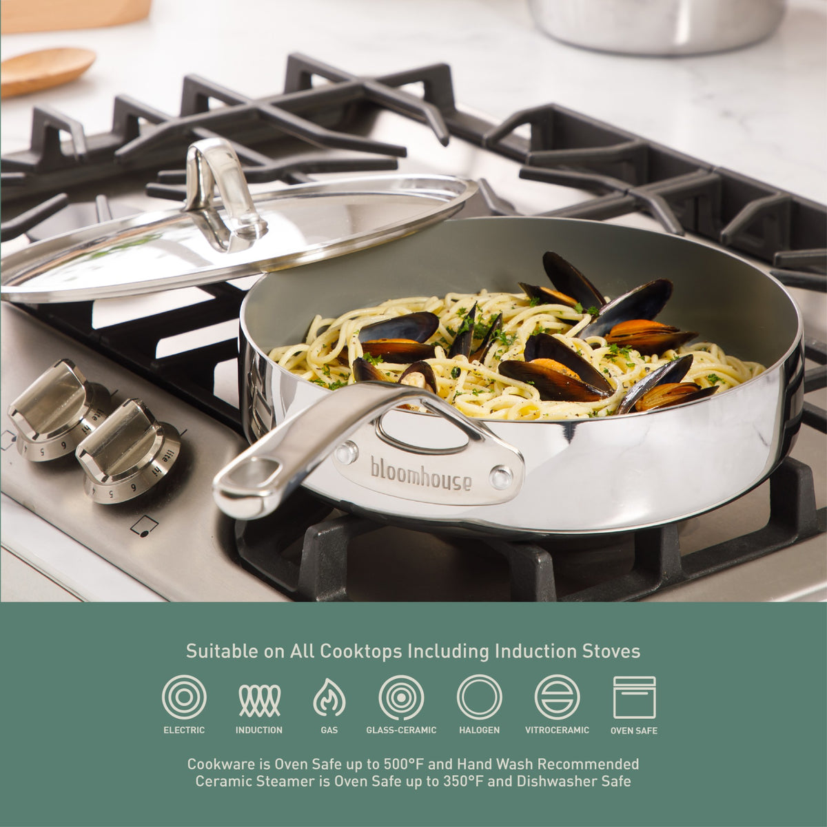 Bloomhouse 8 Piece Triply Stainless Steel Pots and Pans Cookware Set W/ Non Toxic Pro Ceramic Non Stick Interior