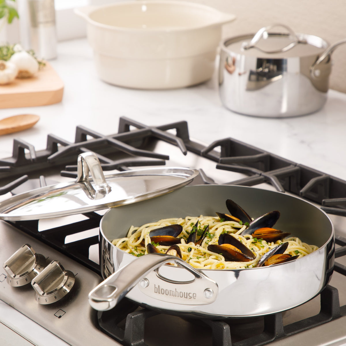 Bloomhouse 8 Piece Triply Stainless Steel Pots and Pans Cookware Set W/ Non Toxic Pro Ceramic Non Stick Interior