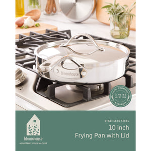 Bloomhouse 10 Inch Triply Stainless Steel Fry Pan W/ Lid W/ Non-Stick Non-Toxic Pro Ceramic Interior Frying Pan