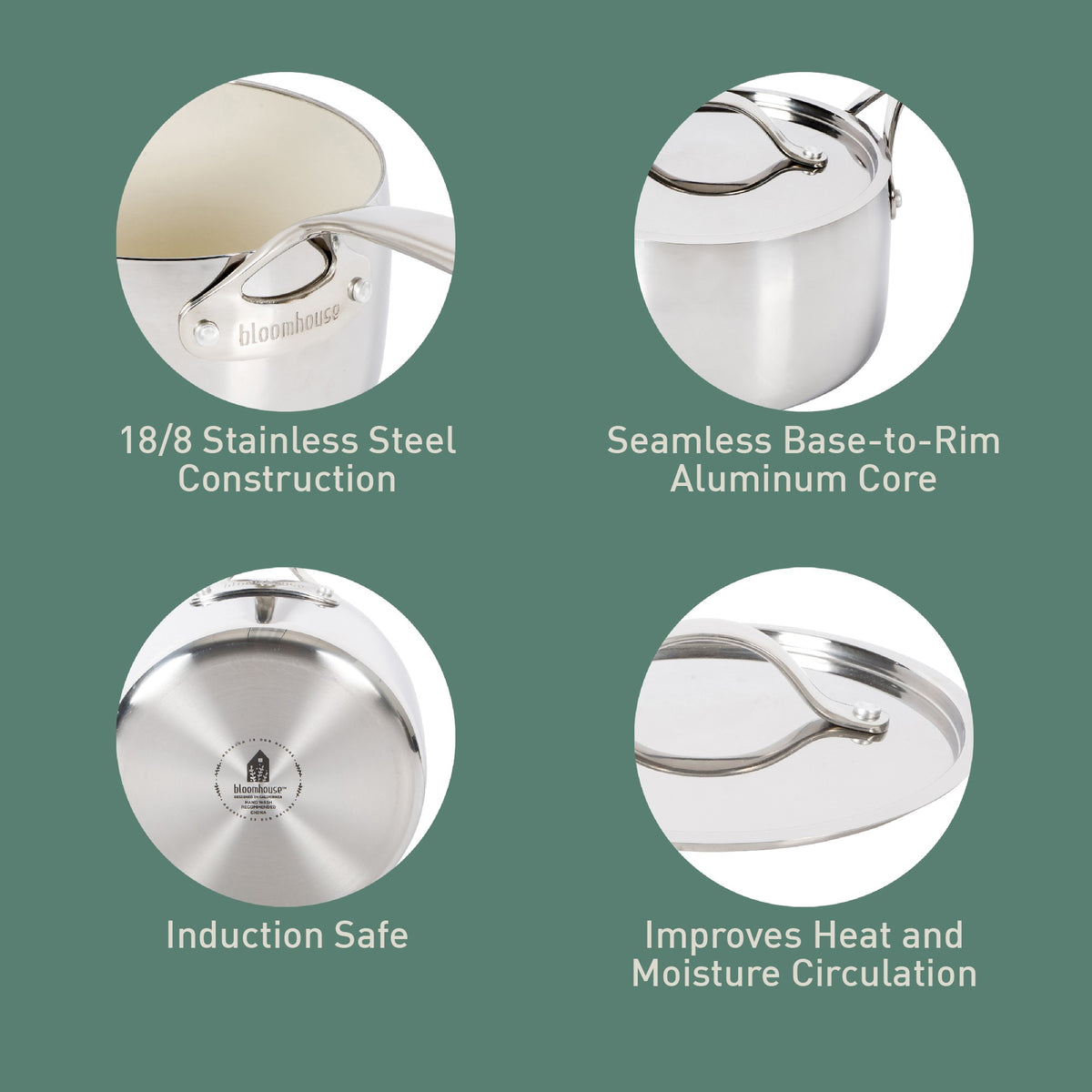 Bloomhouse 3-QT Triply Stainless Steel Sauce Pan w/ Non-Stick Non-Toxic Pro Ceramic Interior