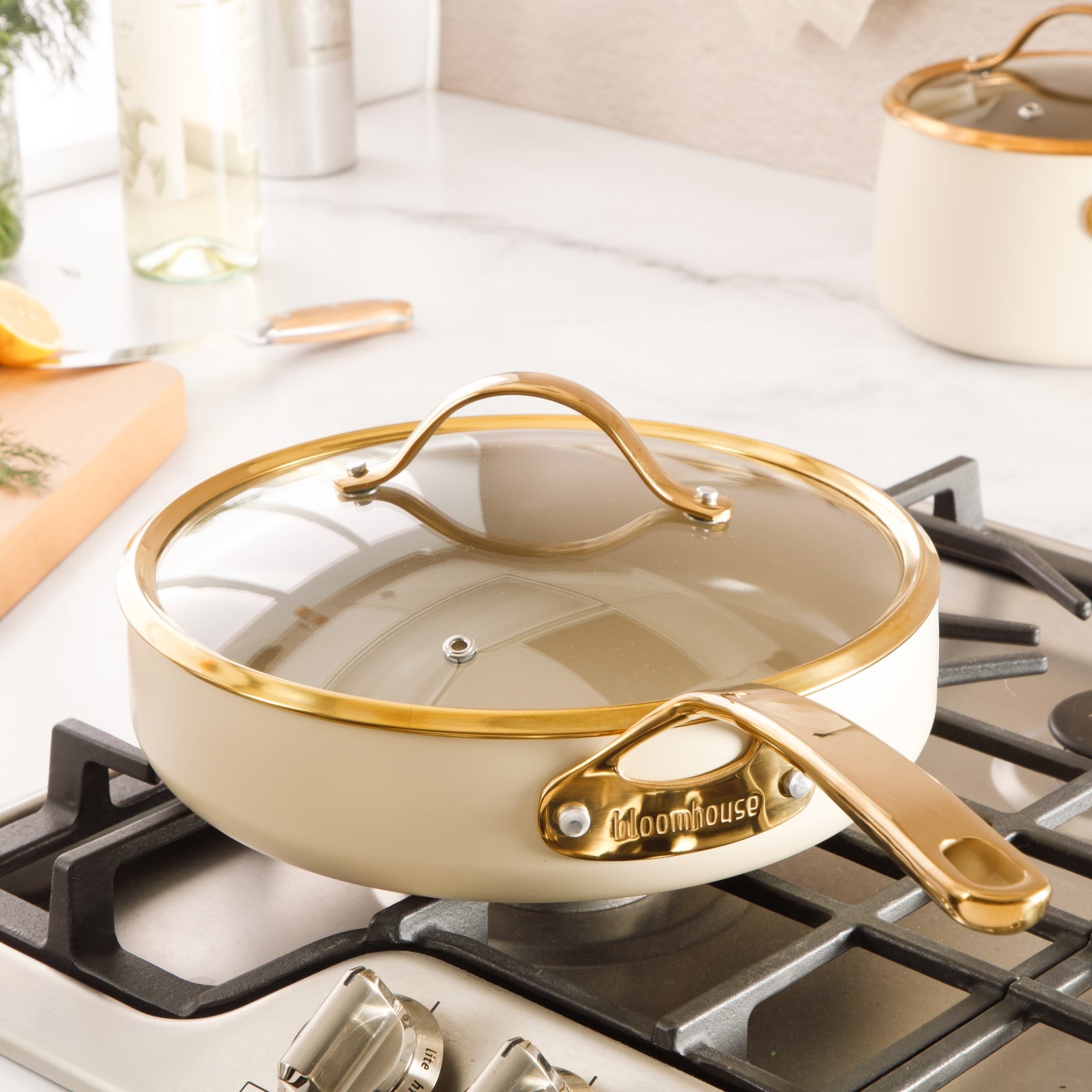 10 Inch Sauté Pan With Lid - PFAS-Free Ceramic Nonstick Aluminum - Almond Cream with Gold Handles