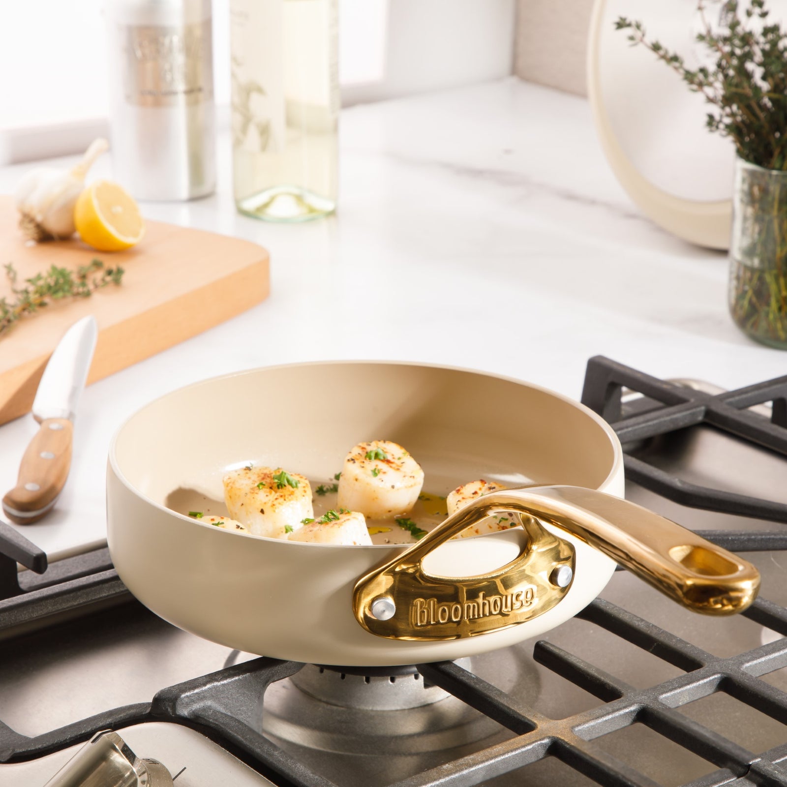 8 Inch Sauté Pan - PFAS-Free Ceramic Nonstick Aluminum - Almond Cream with Gold Handle