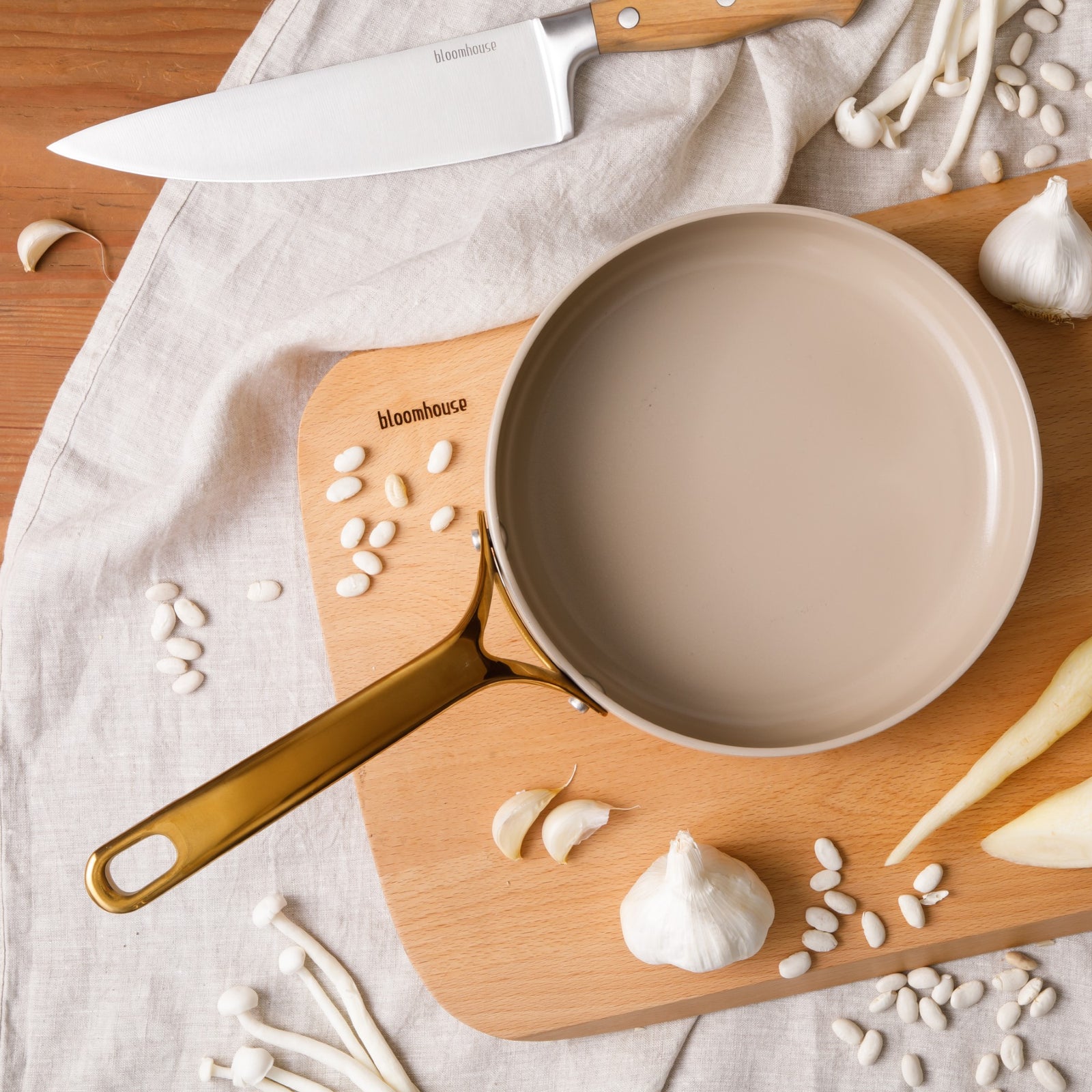 8 Inch Sauté Pan - PFAS-Free Ceramic Nonstick Aluminum with Gold Handle