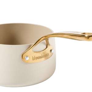 Bloomhouse 3 Quart Heavy Duty Aluminum Premium PFA Free Ceramic Nonstick Saucepan with Lid - Linen White with Gold Handle