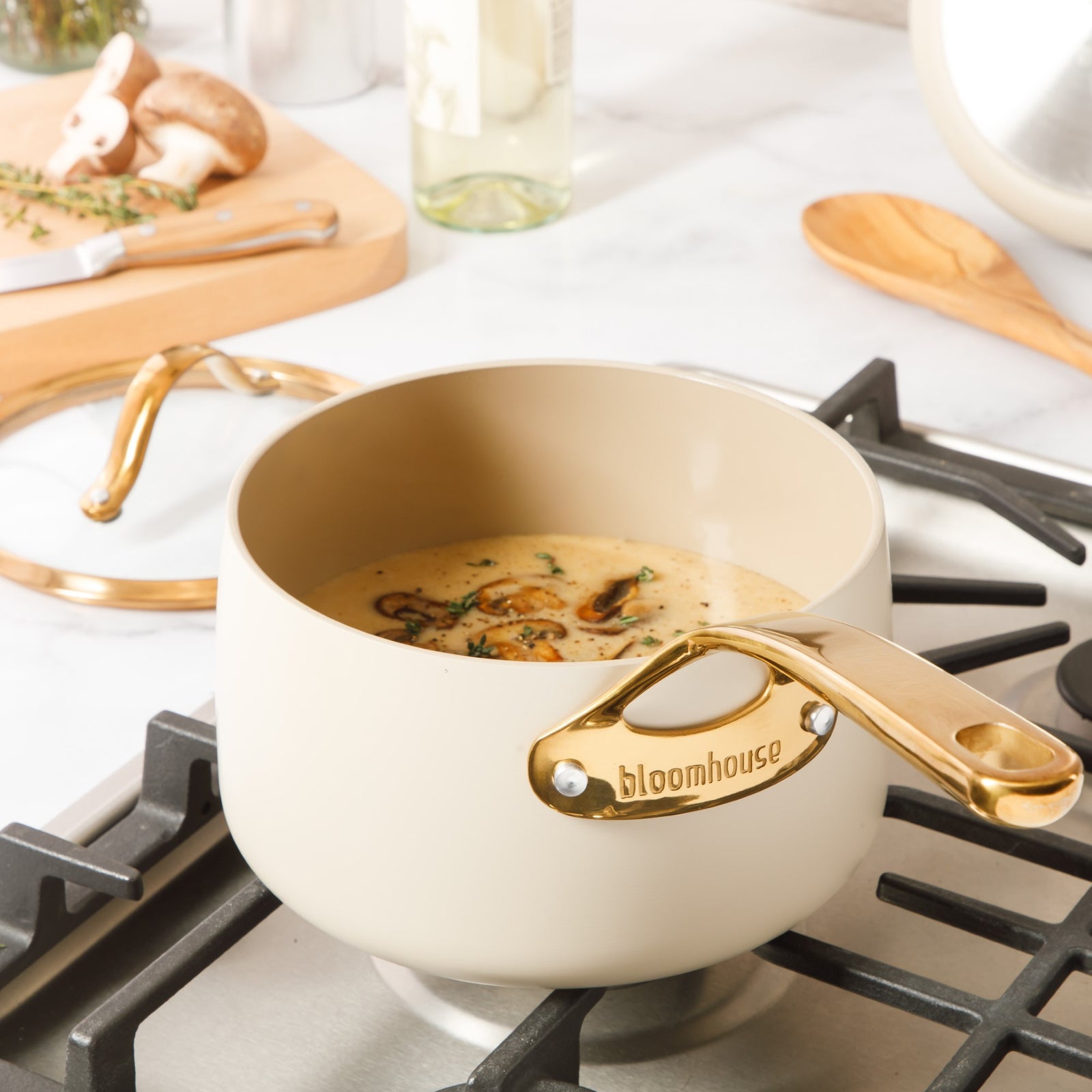 3 Quart Saucepan with Lid - PFAS-Free Ceramic Nonstick Aluminum - Almond Cream with Gold Handles
