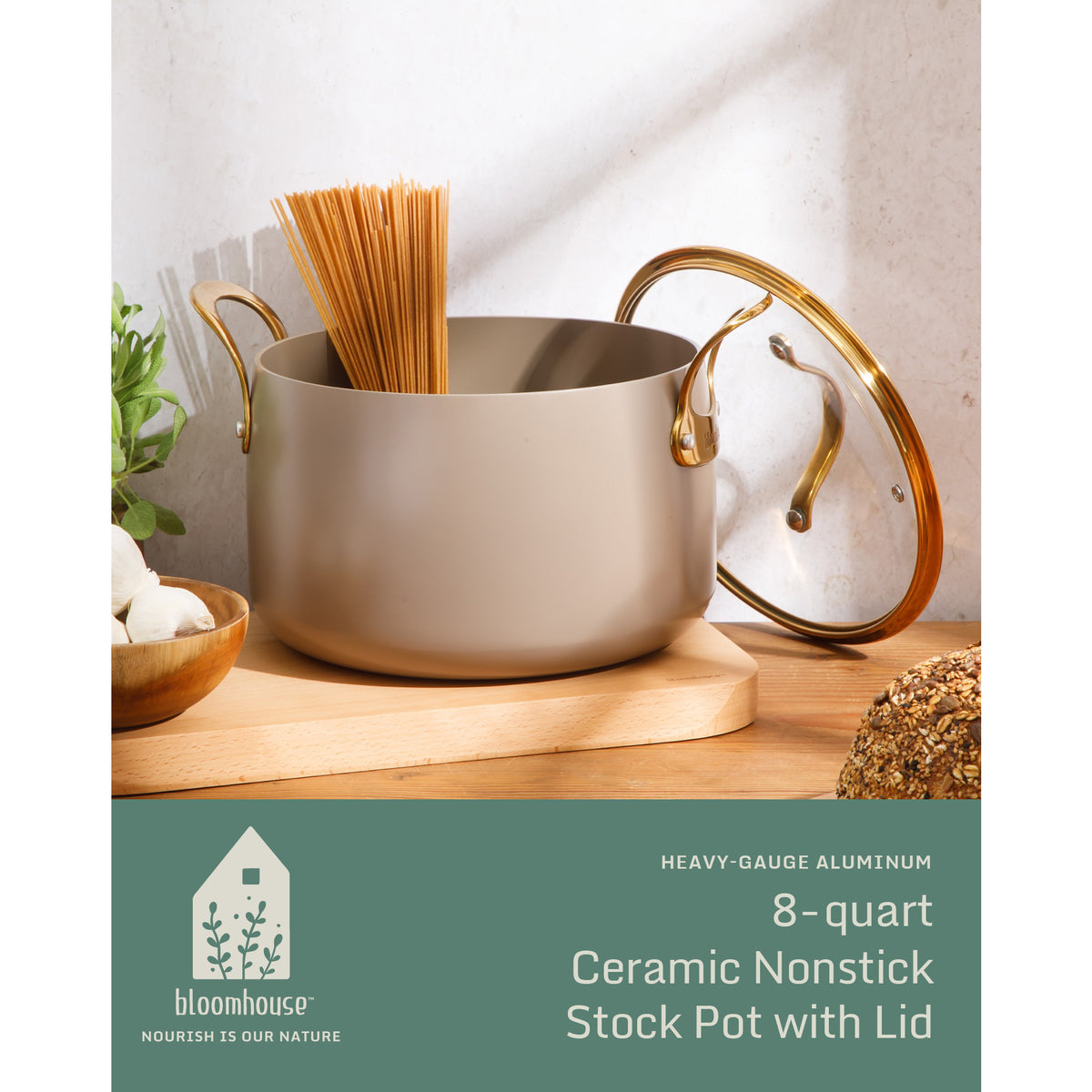 8 Quart Stock Pot with Lid - PFAS-Free Ceramic Nonstick Aluminum - Cappuccino Cream with Gold Handles