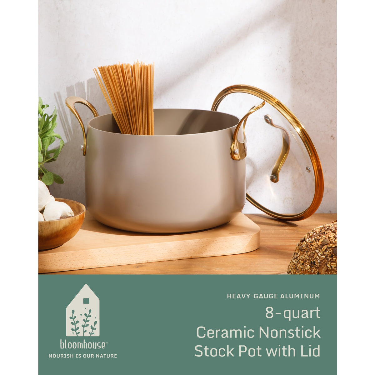8 Quart Stock Pot with Lid - PFAS-Free Ceramic Nonstick Aluminum with Gold Handles, Cappuccino Cream