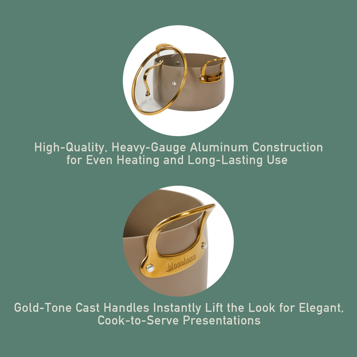 8 Quart Stock Pot with Lid - PFAS-Free Ceramic Nonstick Aluminum with Gold Handles, Cappuccino Cream