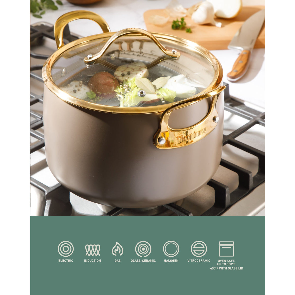 8 Quart Stock Pot with Lid - PFAS-Free Ceramic Nonstick Aluminum with Gold Handles, Cappuccino Cream