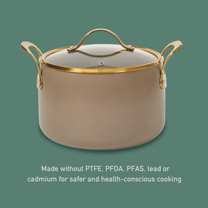 8 Quart Stock Pot with Lid - PFAS-Free Ceramic Nonstick Aluminum with Gold Handles, Cappuccino Cream