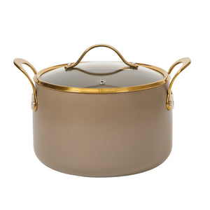 8 Quart Stock Pot with Lid - PFAS-Free Ceramic Nonstick Aluminum with Gold Handles, Cappuccino Cream