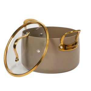 8 Quart Stock Pot with Lid - PFAS-Free Ceramic Nonstick Aluminum with Gold Handles, Cappuccino Cream