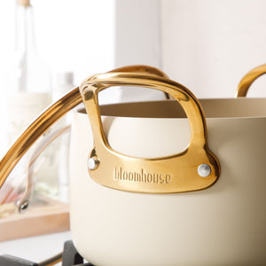 Bloomhouse 6 Quart Heavy Duty Aluminum Premium PFA Free Ceramic Nonstick Dutch Oven Pot with Lid - Linen White with Gold Handle