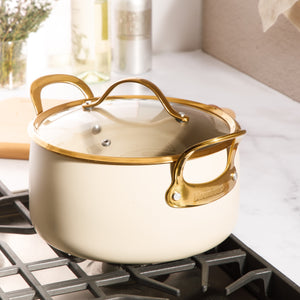 Bloomhouse 6 Quart Heavy Duty Aluminum Premium PFA Free Ceramic Nonstick Dutch Oven Pot with Lid - Linen White with Gold Handle