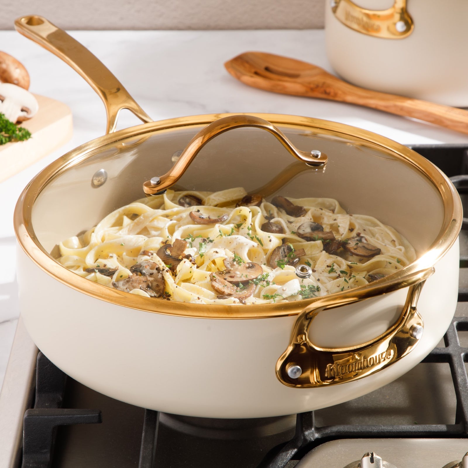 6 Quart Sauté Pan with Lid - PFAS-Free Ceramic Nonstick Aluminum - Almond Cream with Gold Handles