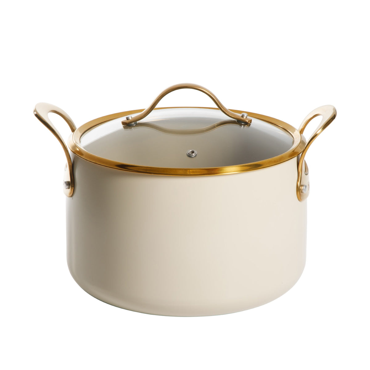 8 Quart Stock Pot with Lid - PFAS-Free Ceramic Nonstick Aluminum - Almond Cream with Gold Handles