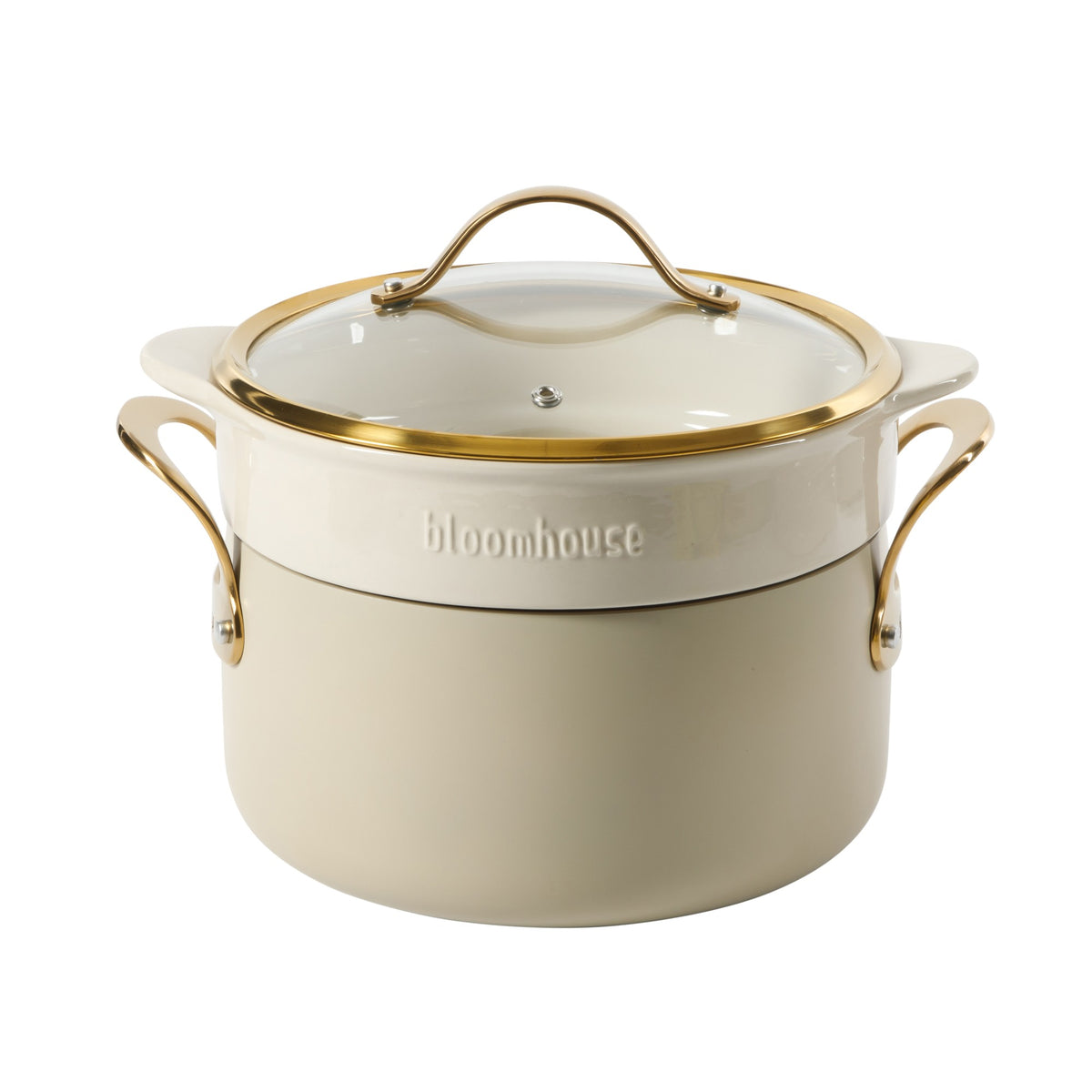 Bloomhouse 15 Piece Pots and Pans Heavy Duty Aluminum Premium PFA Free Ceramic Nonstick Dutch Oven Pot with Lid - Linen White with Gold Handle