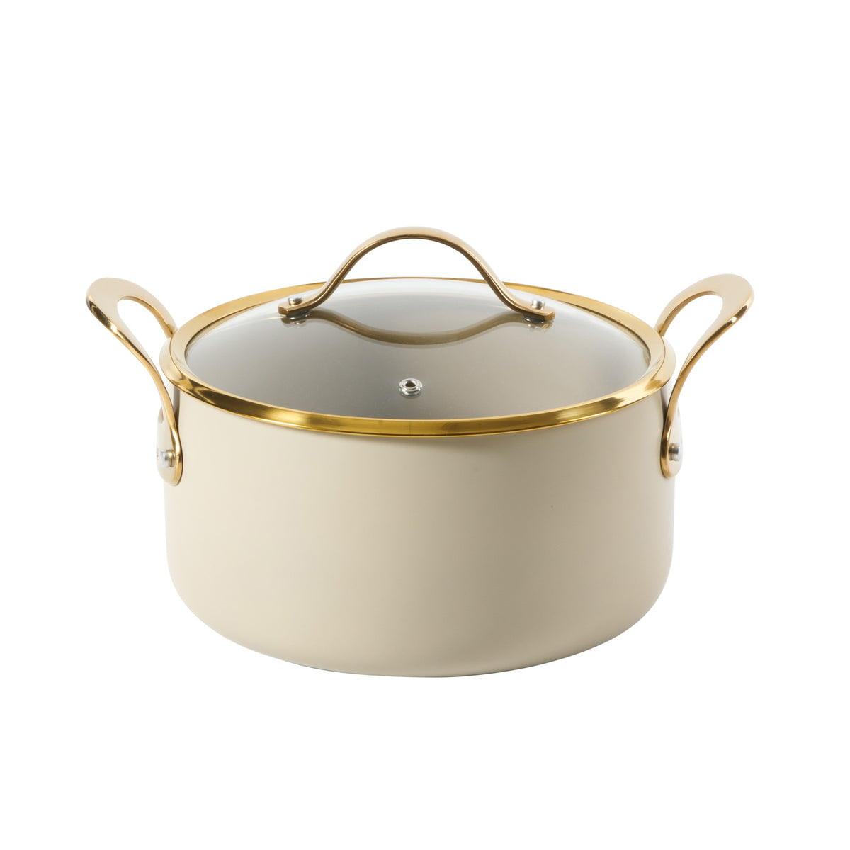 Bloomhouse 15 Piece Pots and Pans Heavy Duty Aluminum Premium PFA Free Ceramic Nonstick Dutch Oven Pot with Lid - Linen White with Gold Handle