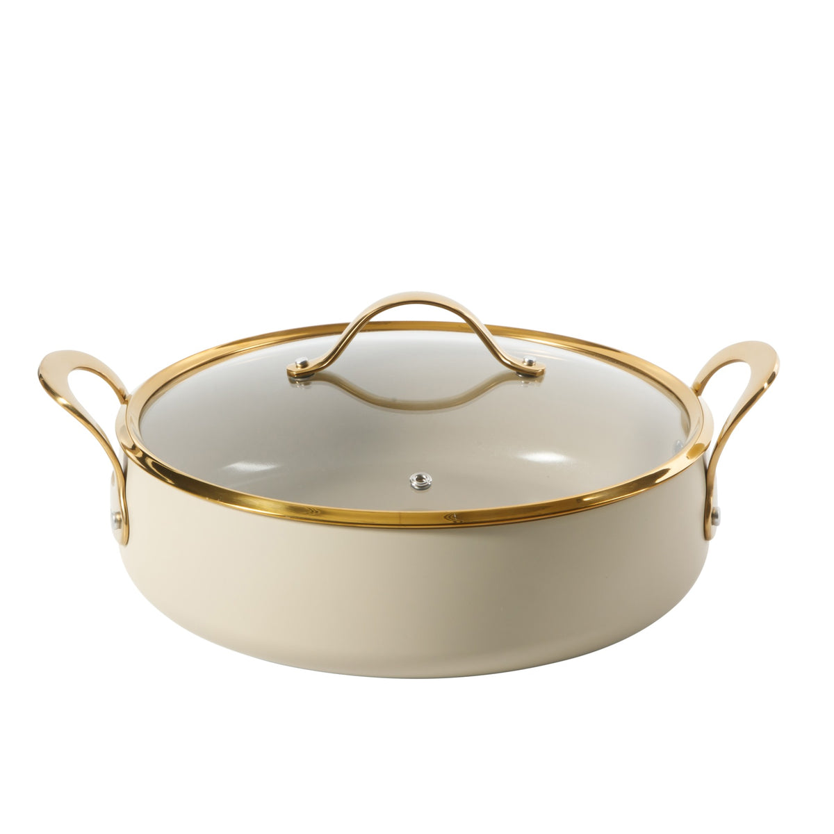 Bloomhouse 15 Piece Pots and Pans Heavy Duty Aluminum Premium PFA Free Ceramic Nonstick Dutch Oven Pot with Lid - Linen White with Gold Handle